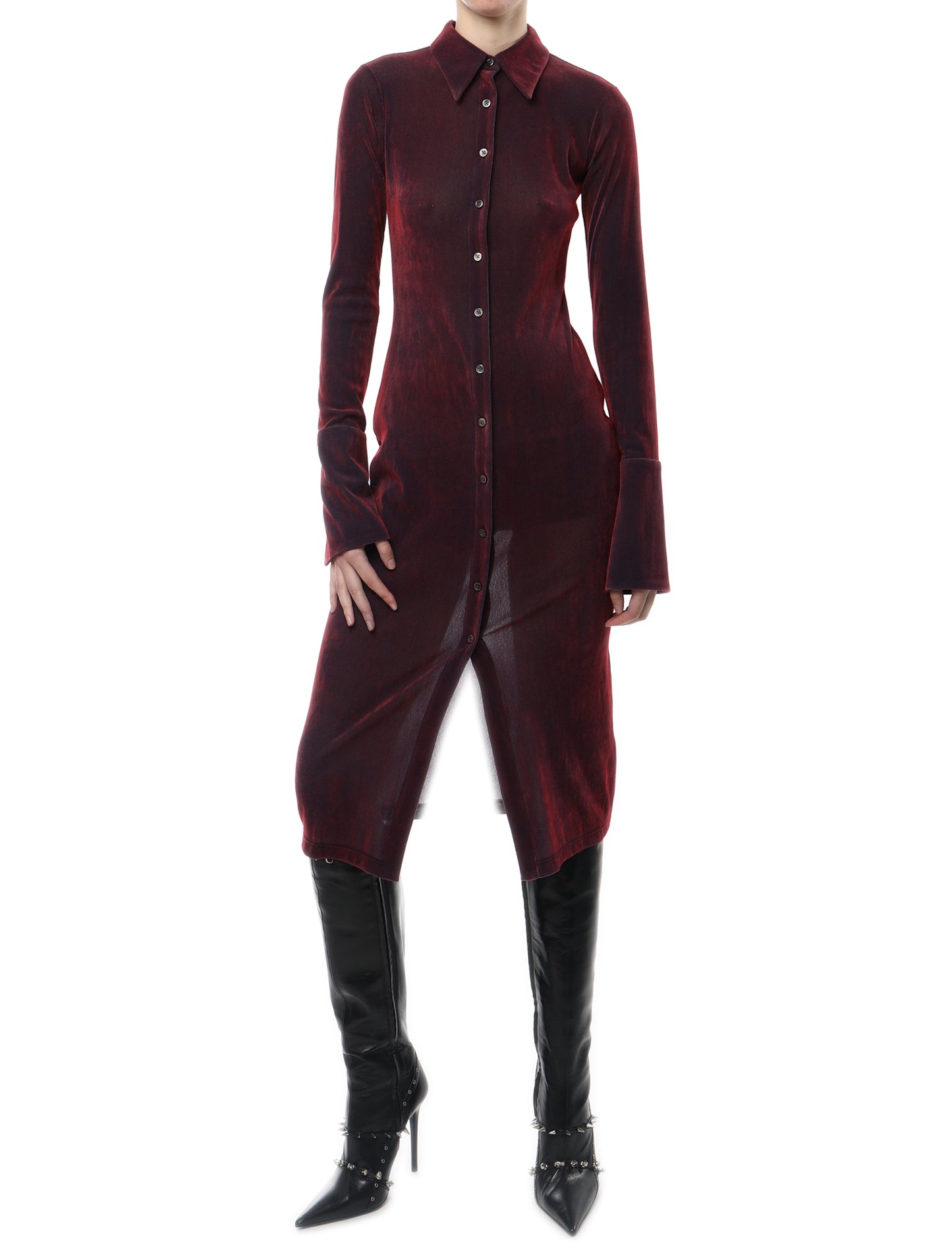 PRISCAVera Velvet Mesh Button Down Dress