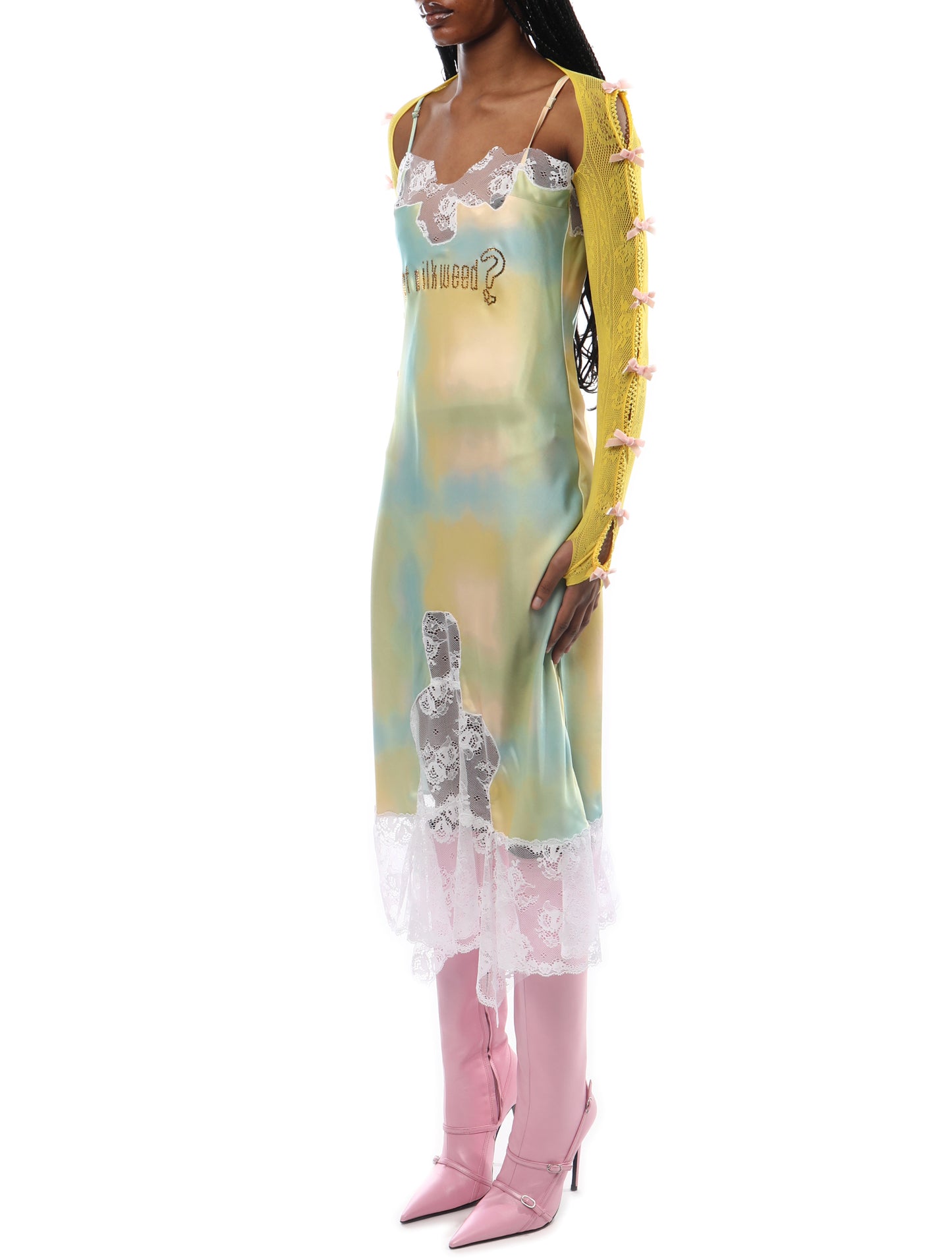 Nodress Yellow Lace Sleeve with Pink Bows