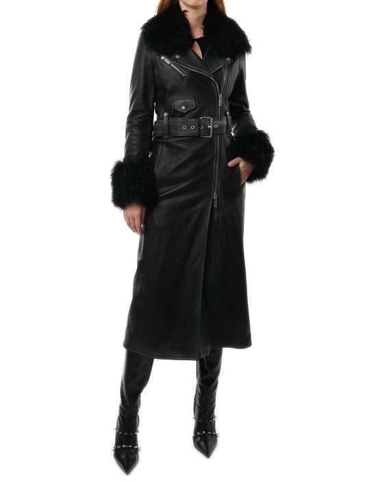 Blumarine Faux Fur Trim Leather Coat