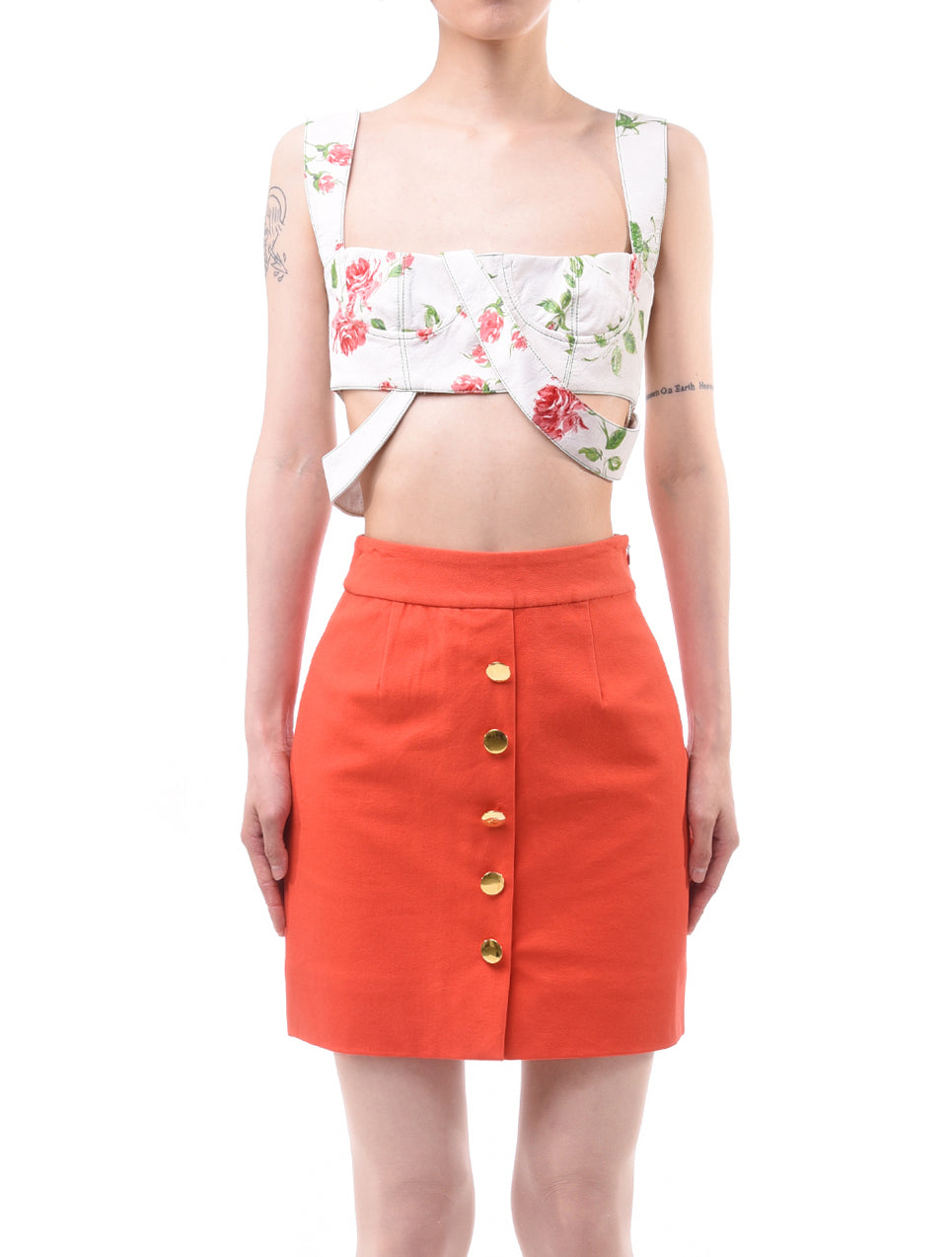 Yuhan Wang White Rose Print Faux Leather Bralette