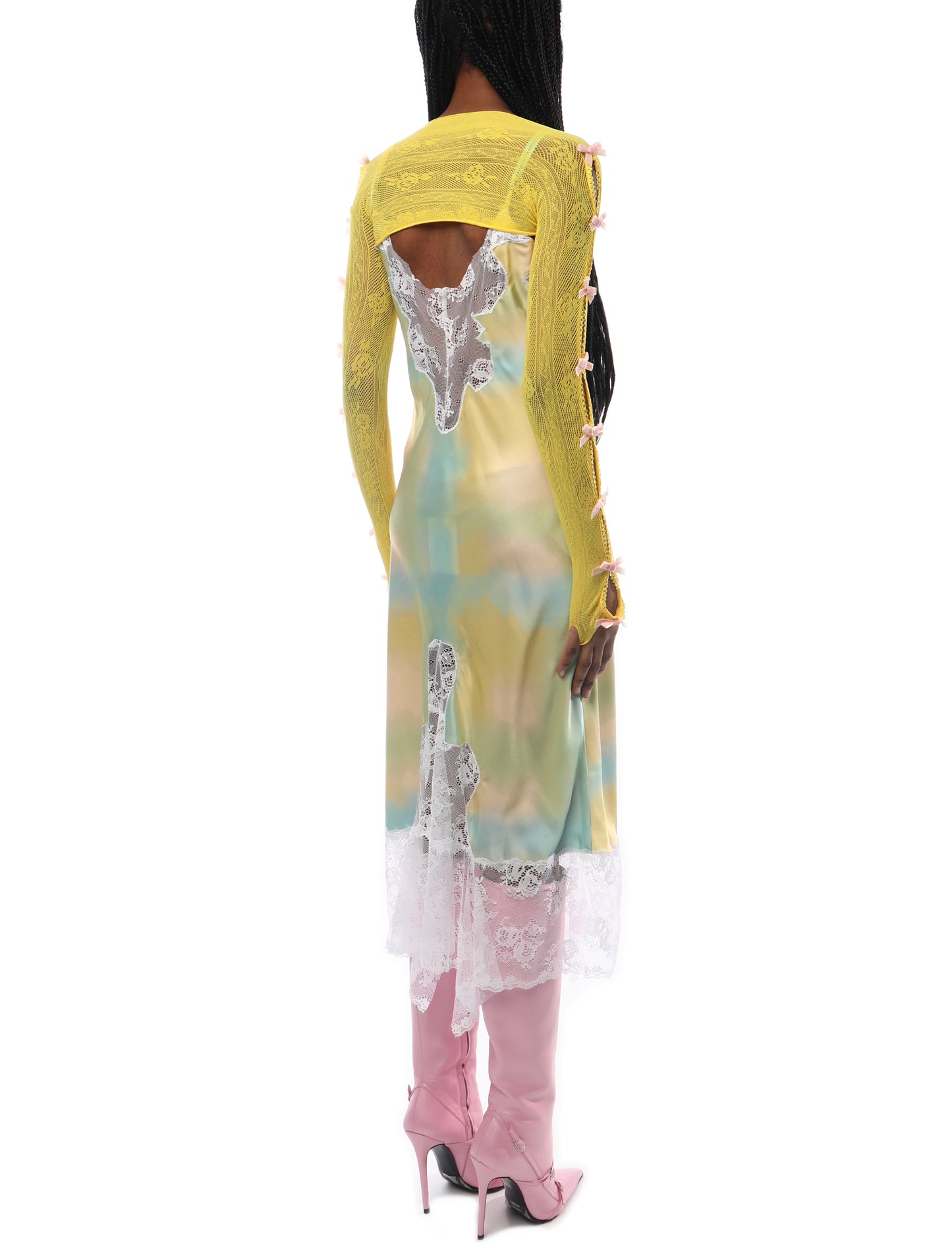 Nodress Yellow Lace Sleeve with Pink Bows