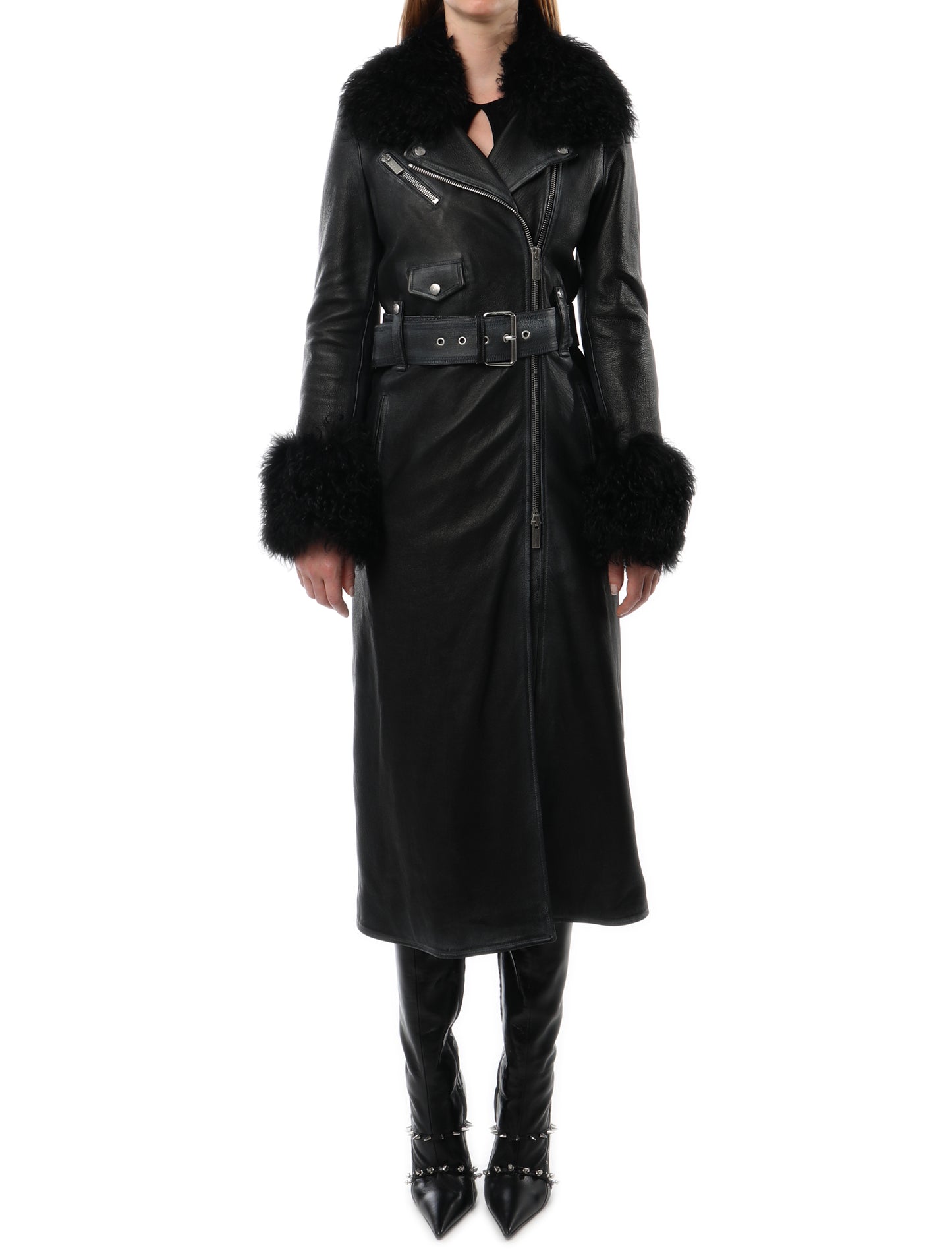 Blumarine Faux Fur Trim Leather Coat