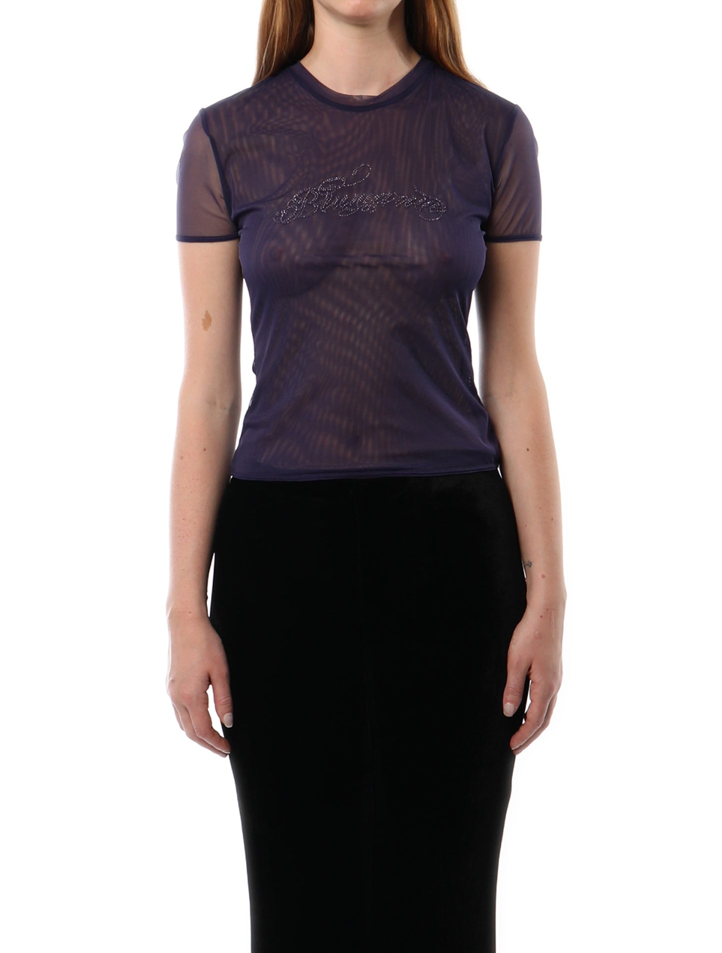 Blumarine Embellished Logo Mesh T-Shirt