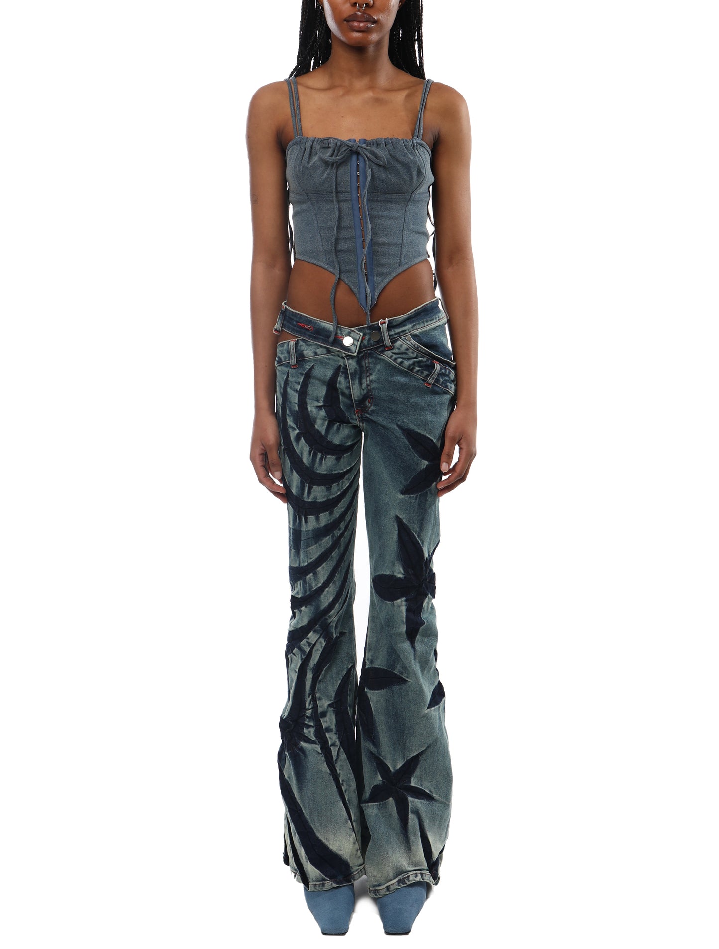 Masha Popova Asymmetrical Tribal Flower Bias Cut Jeans