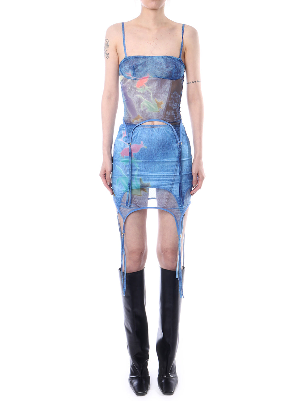 RoomSERVICE x Shyness exclusive Denim Print Suspender Skirt