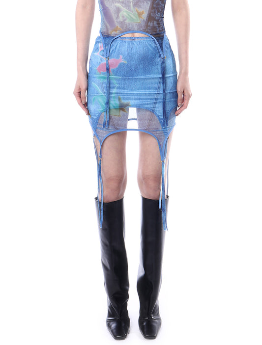 RoomSERVICE x Shyness exclusive Denim Print Suspender Skirt